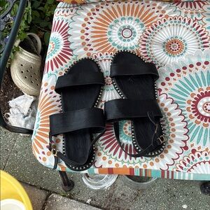 Black Vinyl sandals with Beading on sides 
Double Strap